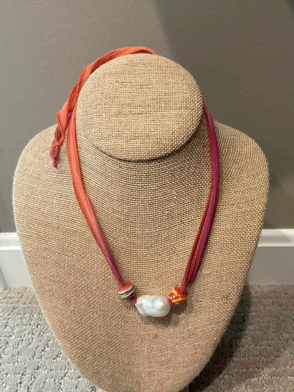 Handcrafted Pink & Coral Ribbon Necklace with Baroque Pearl
